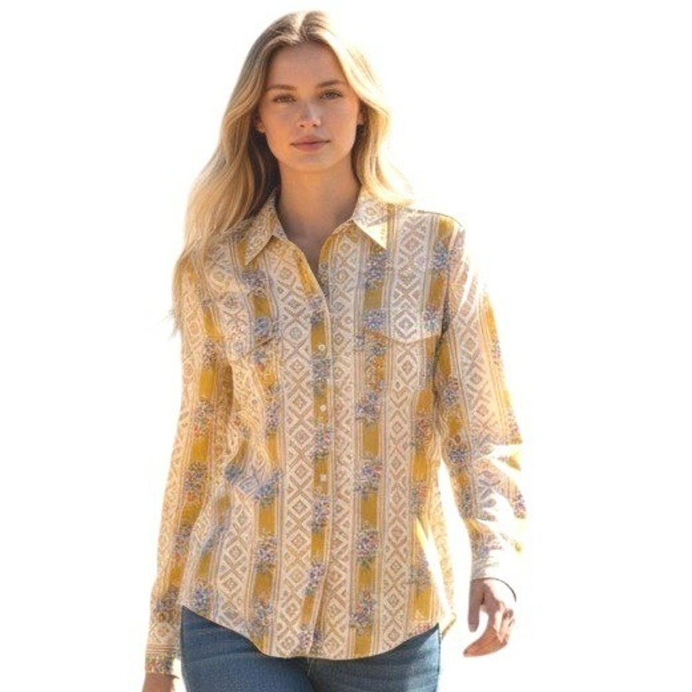 Roper Western Rodeo Womens size Large Floral Romantic Cowgirl Pearl Snap Shirt